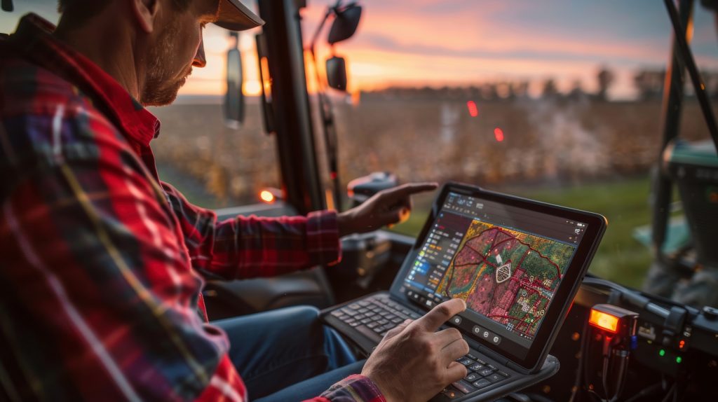 Czu można rozmawiać z roślinami? 2 Rolnik sprawdzający dane GPS na laptopie.